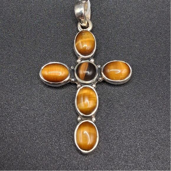 Cross Pendant, Tigers Eye, 925 SS, Men or Women, Closed Back, Boho, Spiritual - Picture 1 of 8